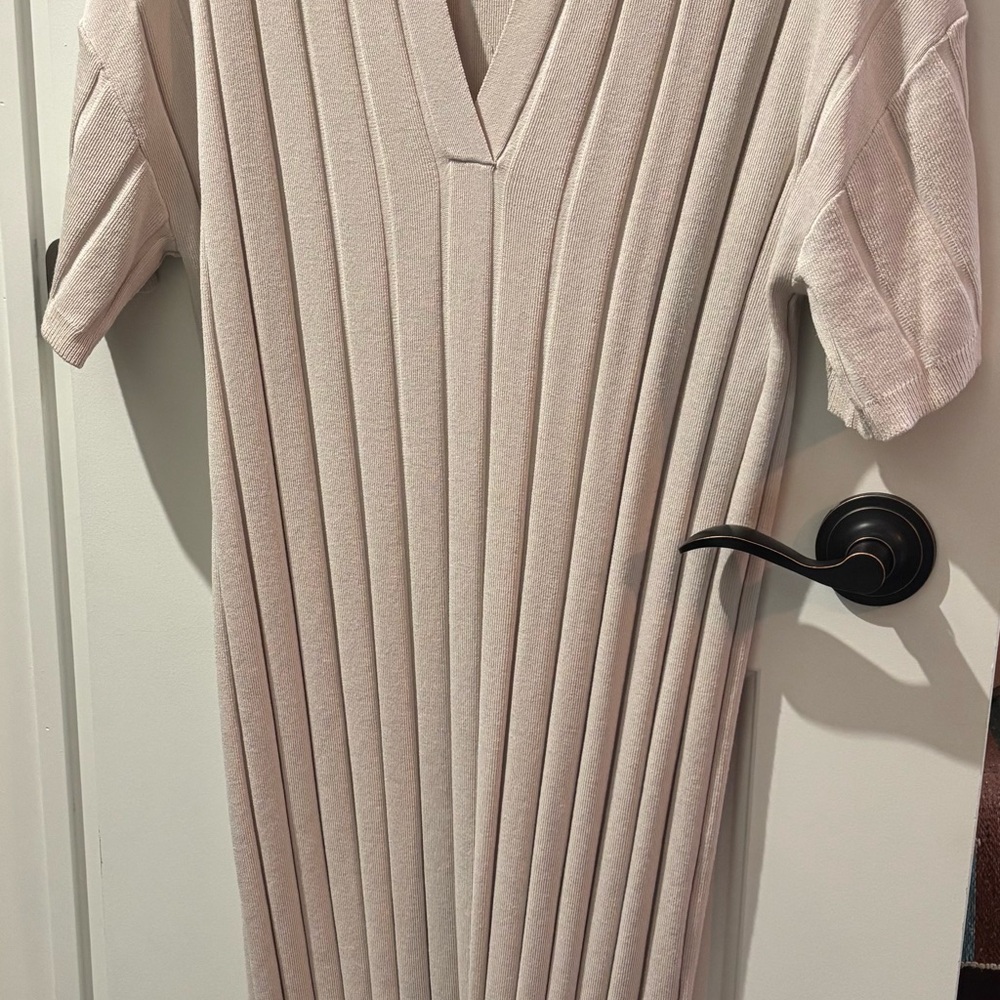 H&M Beige Pleated Sweater Dress with V-Neck